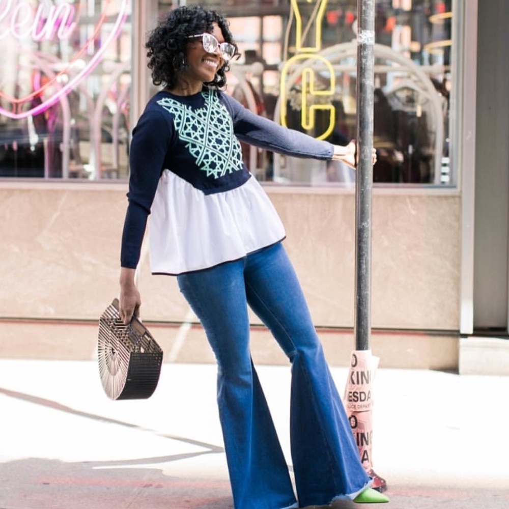 Navy & White Layered Peplum Sweater with Mint Detail